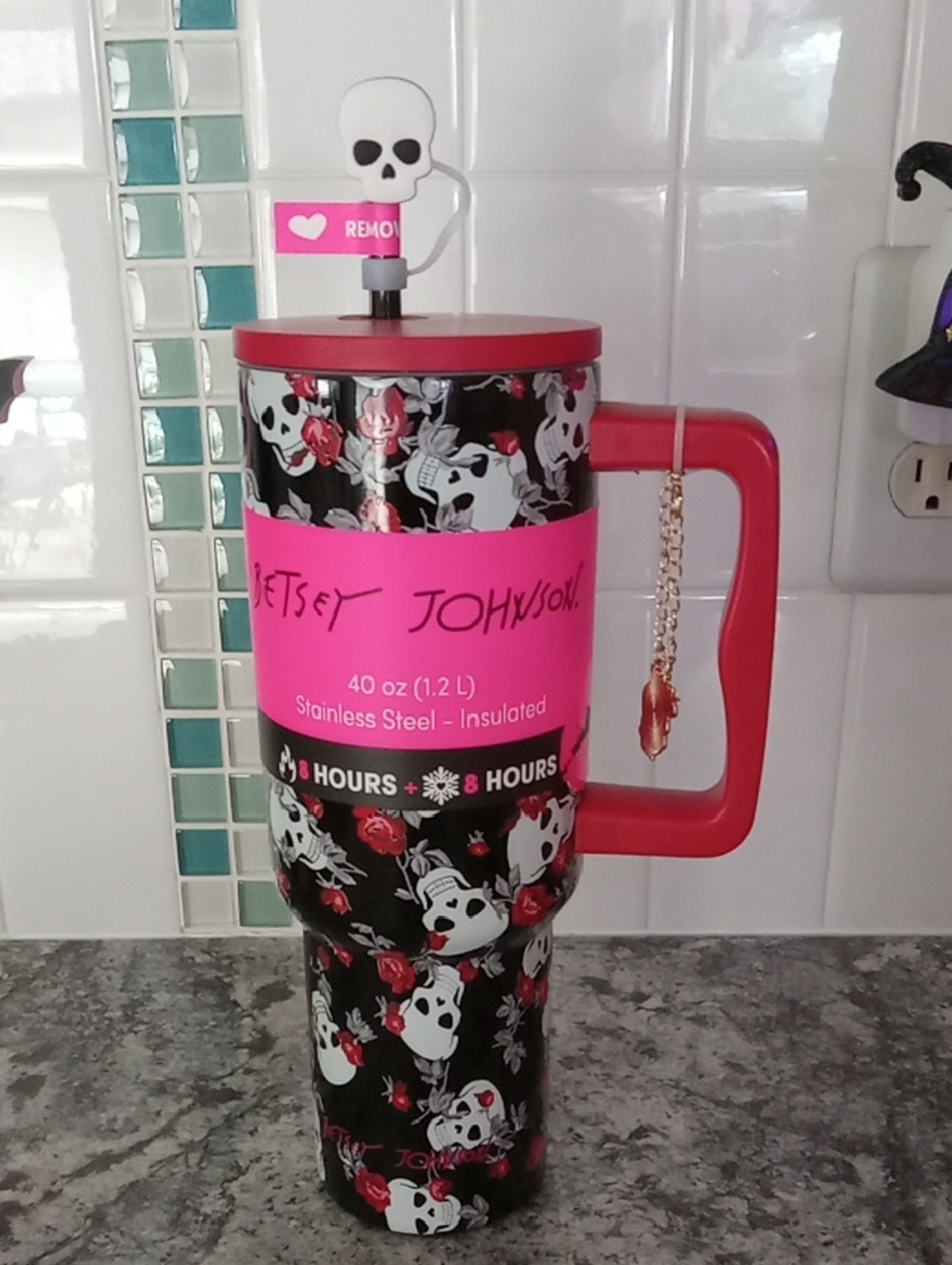 Betsey Johnson Black & Red Skull Rose Insulated Travel Mug